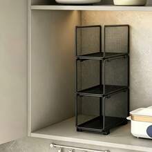 1Pc Minimalist Stackable Metal Mesh Cabinet Storage Shelf, 2 Neutral Matte Black & White Hollow Grid Organizer With Smooth Matte Metal Finish, Slim Vertical Silhouette Fits Standard Kitchen Cabinets - Multicolor - View 11