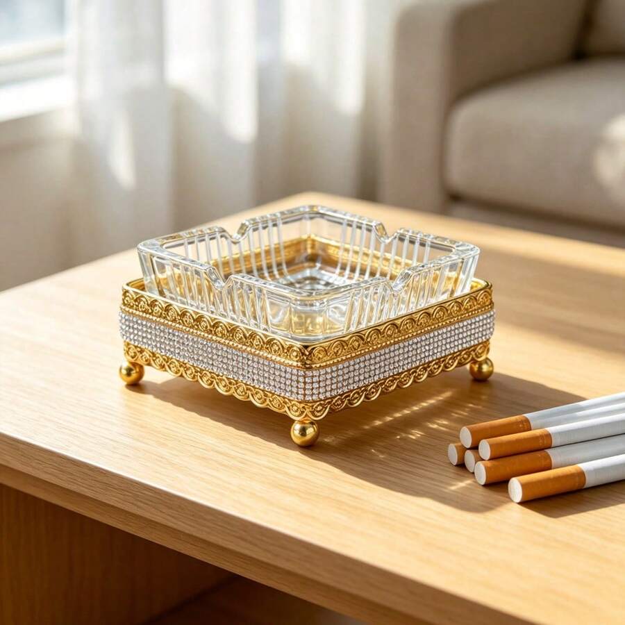 Luxury Square Striped Glass Ashtray With Rhinestone Inlaid Metal Base, Embossed Pattern Ashtray With Ball Feet, Decorative Desktop Smoking Accessory, Suitable For Home, Living Room, Office, Bar Tabletop Decoration - Transparent - View 1