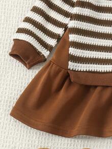 1pc Baby Girls Vintage Mori Style 3D Floral Decor Striped Textured Fabric Patchwork Low Waist Ruffle Hem Long Sleeve Round Neck Dress Spring Autumn - Coffee Brown - View 5