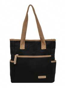Minimalist Solid Color Women's Canvas Tote Bag, Large Capacity Crossbody Bag, Lightweight Shoulder Bag For Travel. Vintage Multi-Pocket Casual Messenger Bag, Square Shape, Versatile And Practical, Suitable For Outdoor Activities, Daily Commute And Campus Use. - Black - View 7