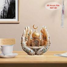 2D flacher Vintage vergoldeter Strass geschnitzter Hände halten goldene Kuppel Moschee Acryl Ständer, Halbmond Schloss Architektur Dekoration für Wohnzimmer Eingangstisch, 2D Acryl Ständer, Hände halten Moschee, vergoldet mit Edelsteinen besetzt, Halbmond Moschee, Desktop weiche Dekoration, kreatives dekoratives Geschenk - A - Übersicht 6