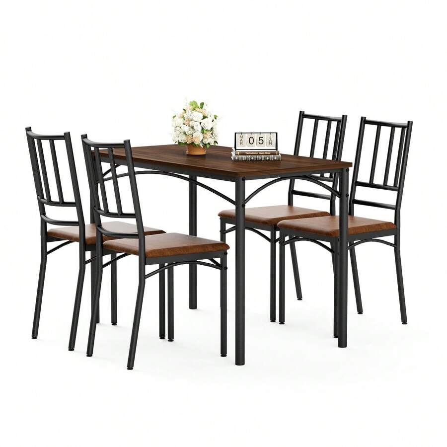Dining Table Set, Bar Table With 4 Dining Chairs, Kitchen Table With Chairs, Industrial Style Breakfast Table For Kitchen, Living Room, Party Room, Walnut Wood, 110cm*60cm*76.5cm - Walnut - View 1