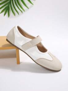 Women's Autumn New Colorblock Patchwork Mary Jane Hook & Loop Design Soft Flat Round Toe Low Vamp Ballet Shoes, Daily Commute Gentle Style Anti-Slip - Beige - View 2