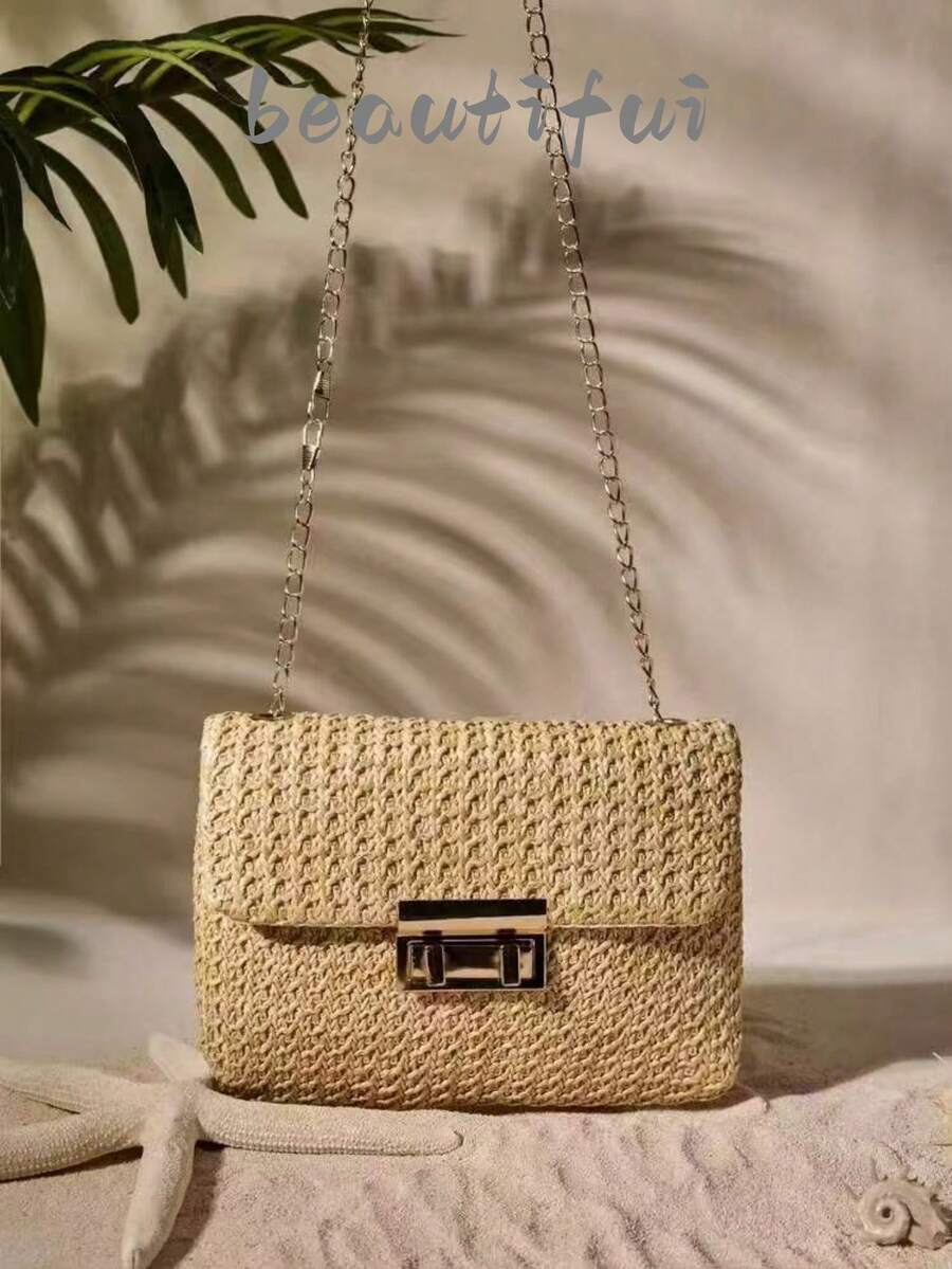 Tropiscape Fashionable Solid Color Gold Woven Crossbody Bag, Suitable For Women's Daily Use - Khaki - View 1