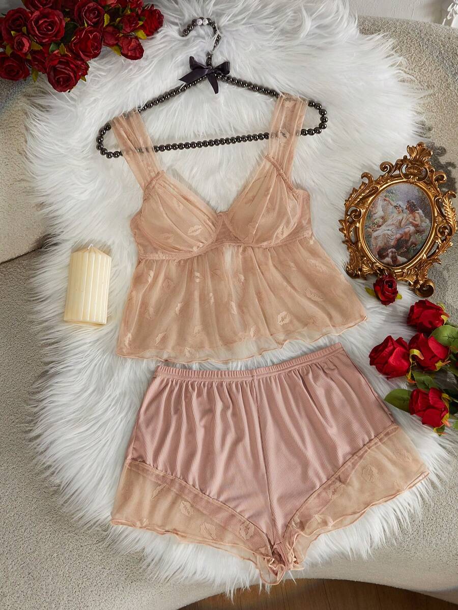 1 Set Women's Printed Underwire Thin Cup Comfortable Pajama Set - Apricot - View 1