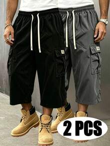2Pcs Men's 2-Pack Corduroy 3/4 Shorts, Street Style Cargo Shorts, Side Pockets & Brand Label, Loose Fit, Suitable For Urban & Weekend Sports Fall - Multicolor - View 2