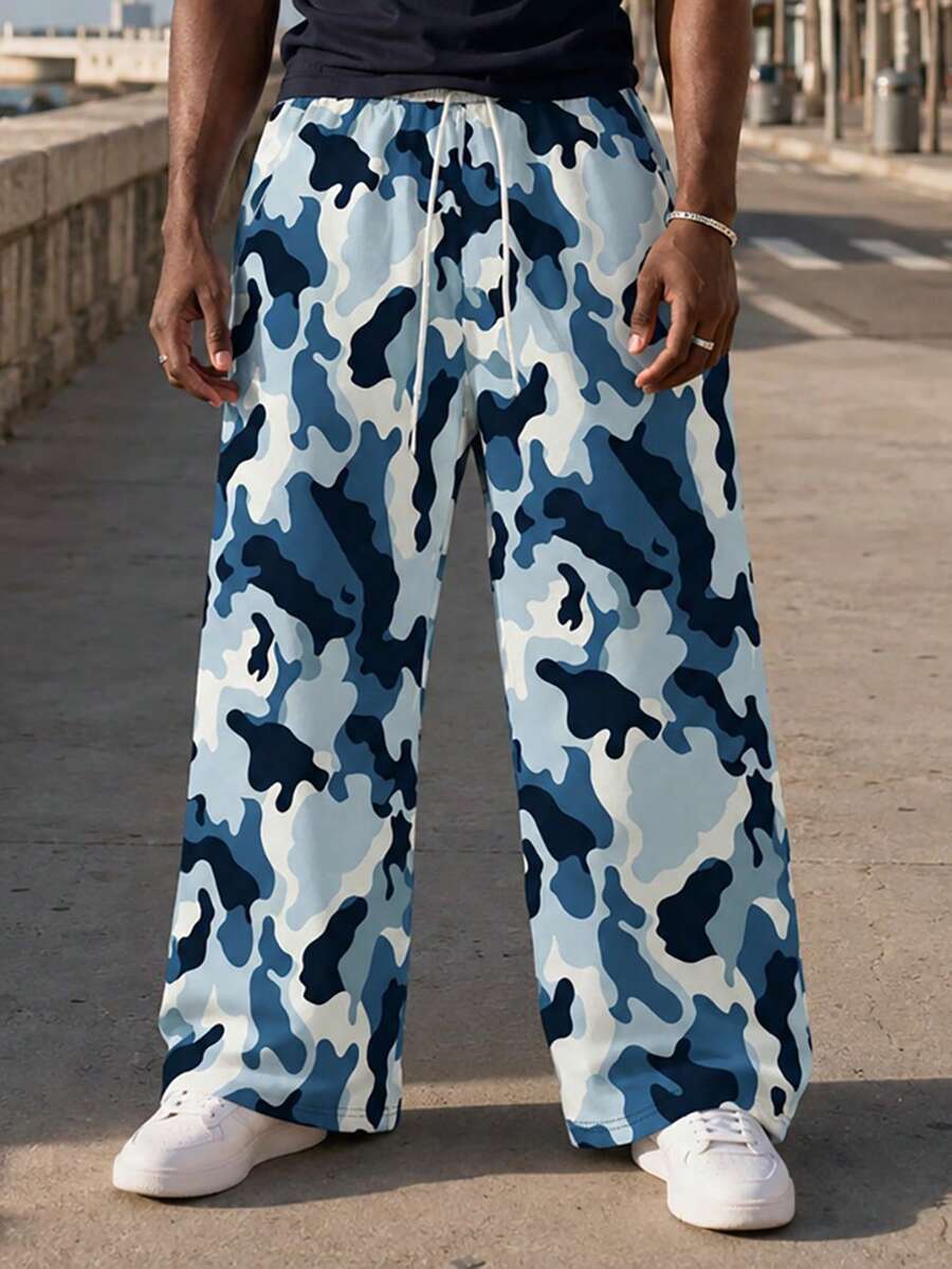 Plus Size Men's Pants Gradient Blue Camouflage All-Over Print Loose Wide Leg Design Drawstring Adjustable Waistband Lazy Loose Fit Casual Long Pants - Baby Blue - View 1