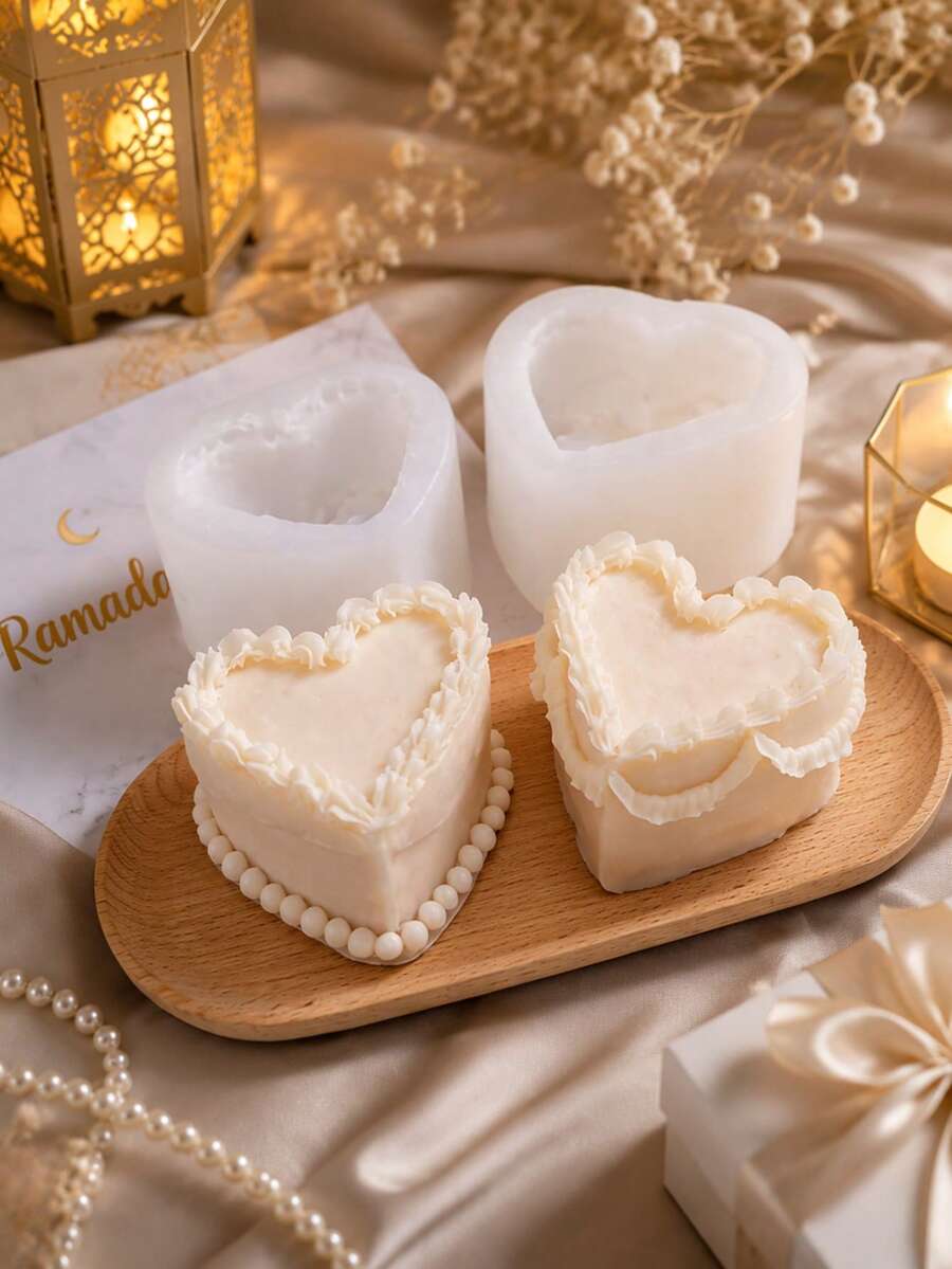 1 Heart-Shaped Silicone Mold, Reusable 3D Cream Cake Shaped Candle Mold, Gypsum Silicone Mold, Commemorative Candle Mold, Resin Mold. Suitable For Making Handmade Soap, Plaster, And Candles. Suitable For Occasions Such As Christmas And Birthdays. - White - View 1