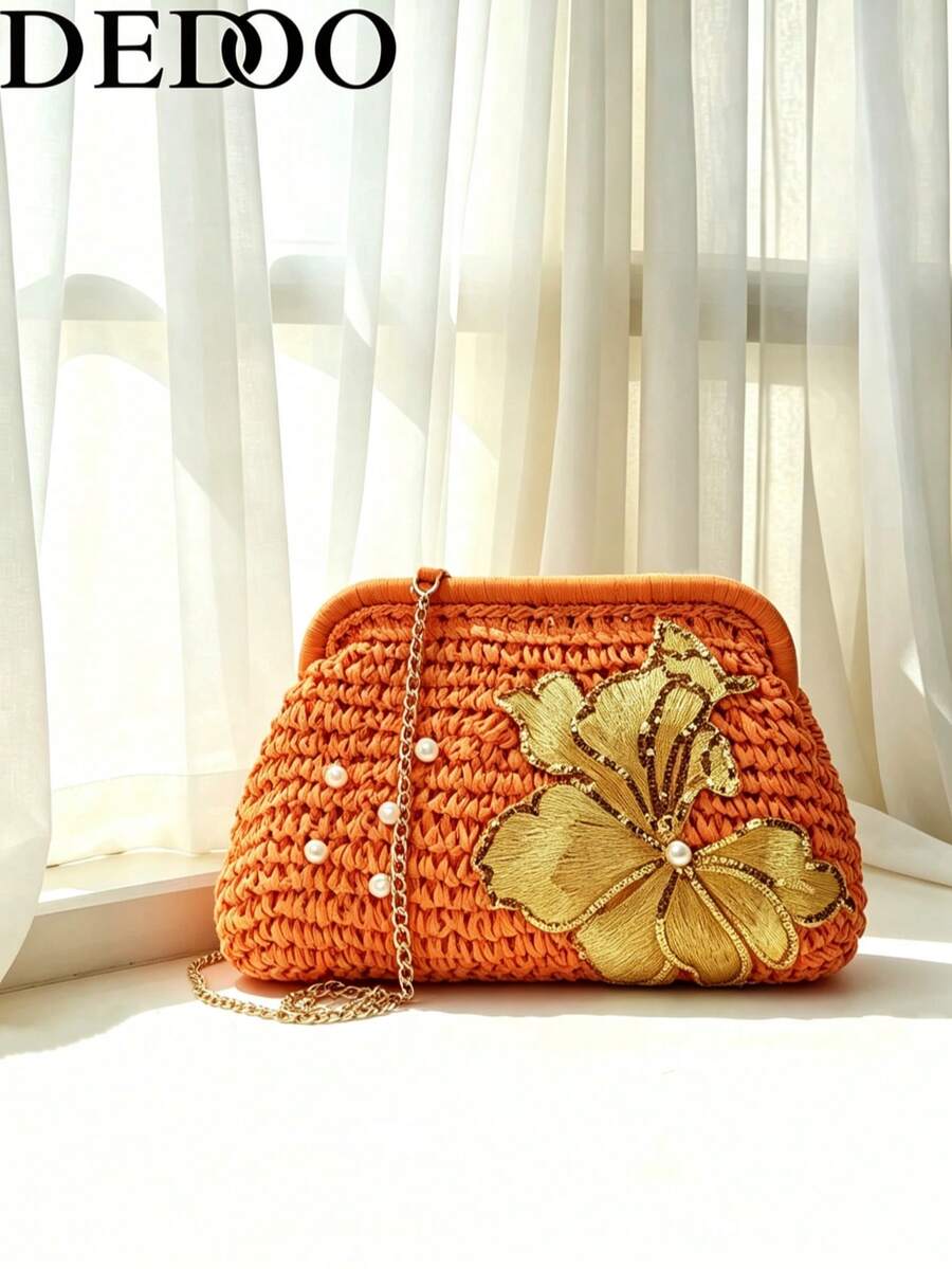 Dedoo 花卉刺繡編織草編手拿包，珍珠裝飾金屬鏈條復古夏季女款斜挎包，適合海灘派對度假
