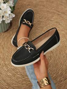 Women's Colorblock Patchwork Low Vamp Slip-On Loafers, Flat Soft Sole Slouchy Shoes, Retro Casual Commute Versatile Driving Loafers - Black - View 4