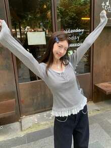 Women's 2-In-1 Lace Patchwork Long Sleeve T-Shirt, Slim Fit, Flattering, Layering Top, Early Autumn - Grey - View 3
