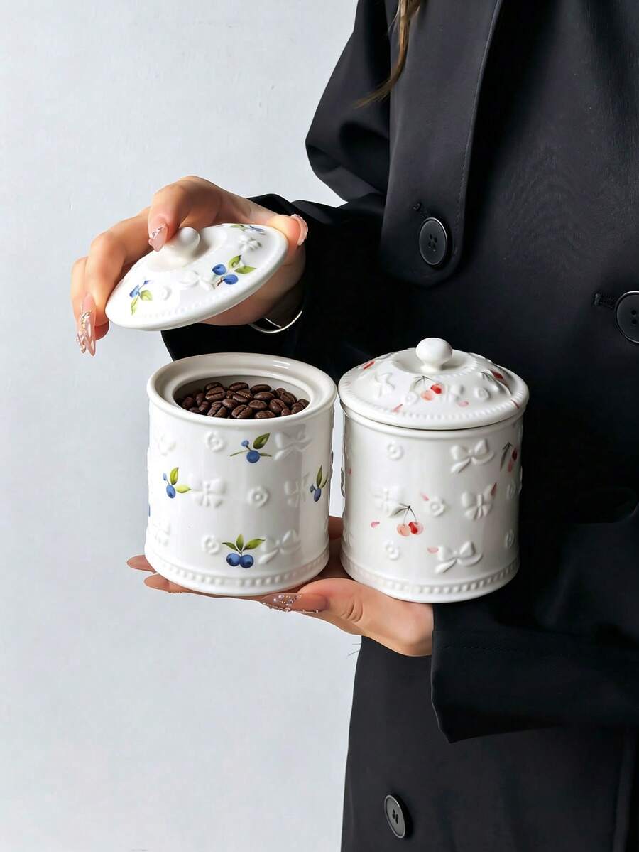 1 buah Toples Penyimpanan Keramik Motif Bunga, Wadah Penyimpanan Kedap Udara Silinder Lurus Serbaguna, Wadah Keramik Bulat Tertutup, Tempat Biji Kopi, Cocok untuk Bumbu Dapur, Kopi, Biji-bijian, Permen, Kue, Dekorasi Meja Dapur Rumah