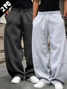 2pcs Men's Solid Color Drawstring Waist Pocket Casual Loose Sports Sweatpants, Knit Fabric Athletic Long Pants - Multicolor - View 4