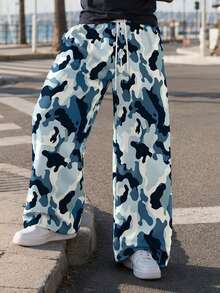 Plus Size Men's Pants Gradient Blue Camouflage All-Over Print Loose Wide Leg Design Drawstring Adjustable Waistband Lazy Loose Fit Casual Long Pants - Baby Blue - View 3