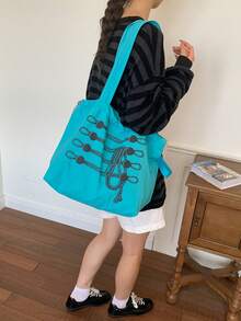 女款格紋亞麻單肩包，適合日常出行、旅行、購物與街頭逛街 - 藍色 - 查看 5