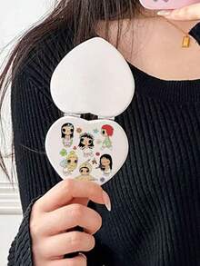 1 Piece Of Yuy Cartoon Girl Cute Leather Small PU Folding Makeup Mirror, Ins Style Cartoon Bow Print Handheld Mini Mirror Suitable For Storage Of Travel Makeup, A Gift For Family And Friends - Multicolor - View 4