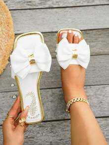 Women's New Summer Sandals, Square Toe Bow Decor Flat Sandals, Casual Outing Minimalist Daily Wear First Choice, Simple Comfortable Daily Versatile Open Toe Flat Beach Shoes, Metal Decor, Suitable For Office Home Party Gathering, Vacation Style Soft Sole Plus Size Slippers Beach Shoes, Comfortable Elegant Women's Sandals, Open Toe Design Non-Slip Sole Plus Size Women's Shoes - White - View 2