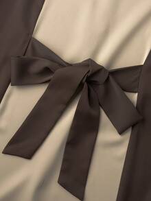 Autumn Luxury Dual-Tone Patchwork Lantern Sleeve Elegant Daily Commute Dress - Brown - View 2