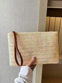 1pc Women's Straw Woven Clutch Bag Bohemian Style Summer Beach Straw Wallet Zipper Wristlet, Suitable For Any Occasion Such As Work, Business, Dating - Khaki - View 4