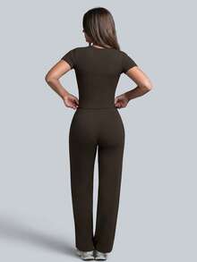 NcmRyu Conjunto deportivo de mujer de un solo color con cuello redondo, manga corta, cordón y pantalones de pierna recta - Marrón Mocha - Ver 3