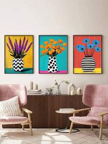 3 piezas Pintura en lienzo sin marco/con marco, Ilustración de flores coloridas & jarrón moderno, Arte de pared con impresión de tinta de alta definición, Decoración colgante multi-festividad para Pascua, Boda, Graduación, Aniversario, Halloween, Navidad, Decoración del hogar interior y exterior - Estilo abstracto A - Ver 2