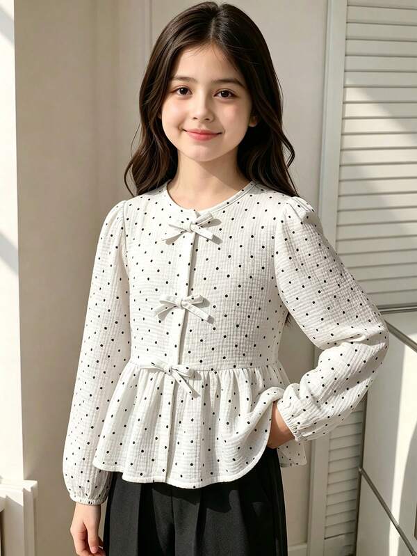 Tween Girl Casual Long Sleeve Shirt, Pure Cotton Double Layer Crinkled Fabric With Watermark Polka Dot Pattern And Bow Design, Suitable For Spring And Autumn Casual, Back To School Season, Machine Washable