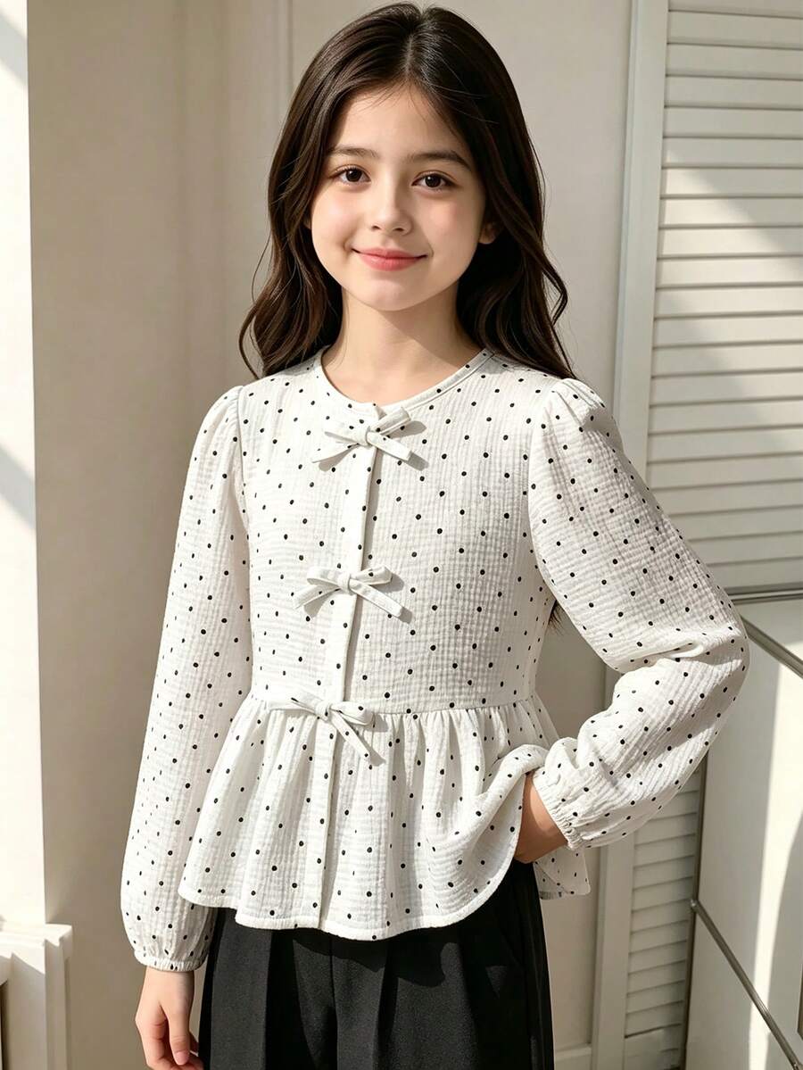 青少年女孩休閒長袖襯衫,純棉雙層皺褶布料,附水印波點圖案與蝴蝶結設計,適合春秋休閒與返校季,可機洗 - 黑與白 - 查看 1