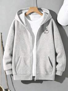 Girls' Smiling Face Print Hooded Zip-Up Sweatshirt, Casual Long Sleeve Jacket, Comfortable And Soft Fabric, Suitable For Autumn/Winter Daily Wear - Light Grey - View 1