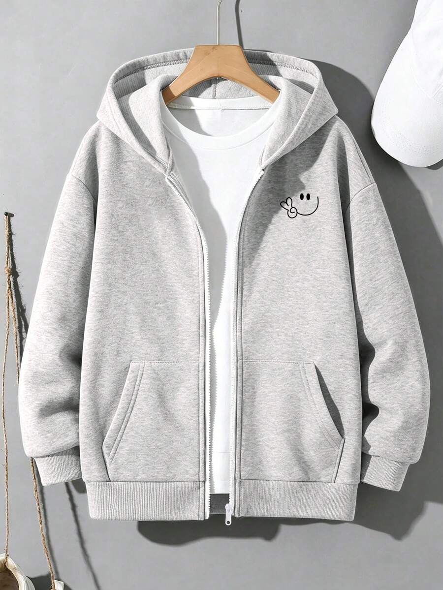 Girls' Smiling Face Print Hooded Zip-Up Sweatshirt, Casual Long Sleeve Jacket, Comfortable And Soft Fabric, Suitable For Autumn/Winter Daily Wear - Light Grey - View 1