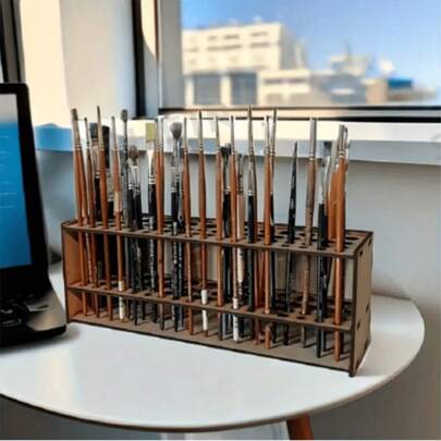1 Large Capacity Wooden Paint Brush & Makeup Brush Storage Rack - Detachable Design Desktop/Wall-Mounted Organizer, Khaki Polished Surface, Suitable For Art Studio, Beauty Salon & Home Organization - Space-Saving Brush Organizer