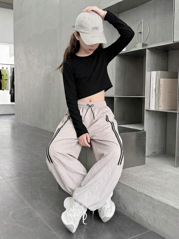 Tween Girl Loose Casual Long Pants, Versatile Sporty Curved Leg Trousers