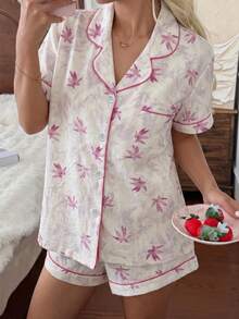 2件組女款春夏舒適花卉印花短袖翻領上衣與蝴蝶結短褲睡衣套裝 - 紫色 - 查看 4