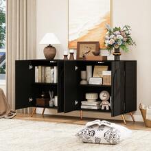 Mid-Century Modern Sideboard, Walnut-Look Entryway Cabinet, 3D Fluted Details And Arched Doors, Engineered Wood, Adjustable Shelves, Gold Metal Legs - Black + Particle Board - View 3