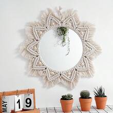 1pc Bohemian Style Wooden Printed Tassel Wall Mirror, Faux Woven Hanging Mirror, Living Room Bedroom Wall Decor, Premium Wall Decoration, Suitable As Thanksgiving, Christmas, Halloween Gift, Also For Bedroom Decoration, Ideal Gift For Friends And Family - Beige - View 3