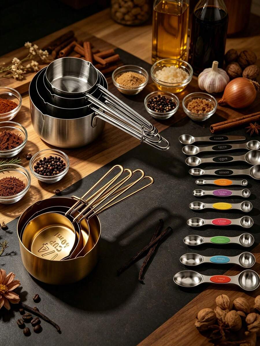 Premium Stainless Steel Measuring Cups Spoons Set Engraved Measurement Markers Stackable Design For Baking Cooking Dry Liquid Ingredients Kitchen Gadgets - Multicolor - View 1