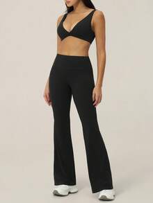 TimeOff Women's One Set Striped Spaghetti Strap Double Strap Bra With Folded Double Waist Wide Leg Pants Sports Set - Black - View 8