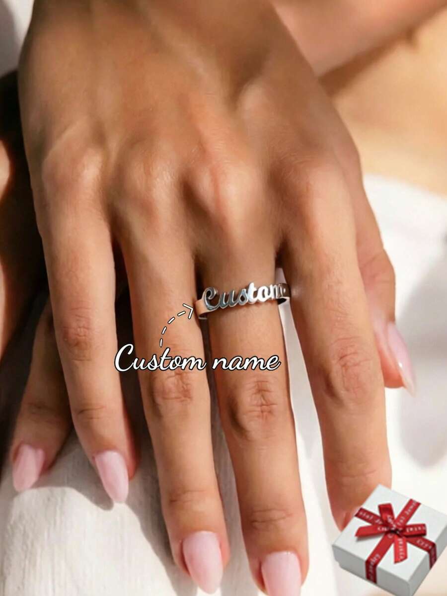 Anillo con nombre personalizado, joyería personalizada, acero inoxidable, anillos ajustables de oro y plata, regalo de pareja, glamour de Año Nuevo - Plateado - Ver 1