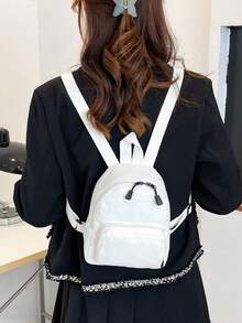 Mini Solid Color Canvas Fabric Fashion Versatile Simple Mini Backpack Shopping Travel Coin Purse Phone Bag - White - View 8