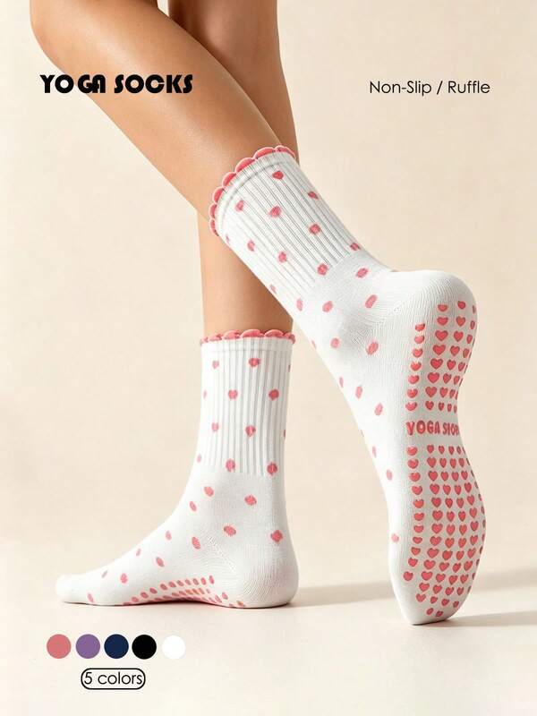 1/5 Pairs Women's Ruffle Polka Dot Anti-Slip Yoga Crew Socks, Silicone Pilates Grip Sports Socks For Yoga,Barre,Hosipital,Pregnant Or Indoor Sport