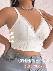 1pc Casual Comfortable Minimalist Plus Size Women's Bra With Lace Patchwork, Wireless Soft Comfortable Lingerie - White - View 5