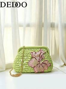 Dedoo 花卉刺繡編織草編手拿包，珍珠裝飾金屬鍊條復古夏季斜挎女款手提包，適合海灘派對與度假 - 綠色 - 查看 12
