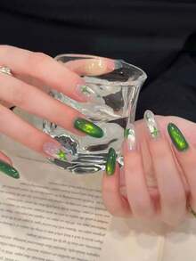 HEFENNA 1pc Green Cat Eye Gel Nail Polish, Forest Deep Green Glass Bead Cat Eye Nail Art, LED/UV Gel Nail Polish - Green - View 3