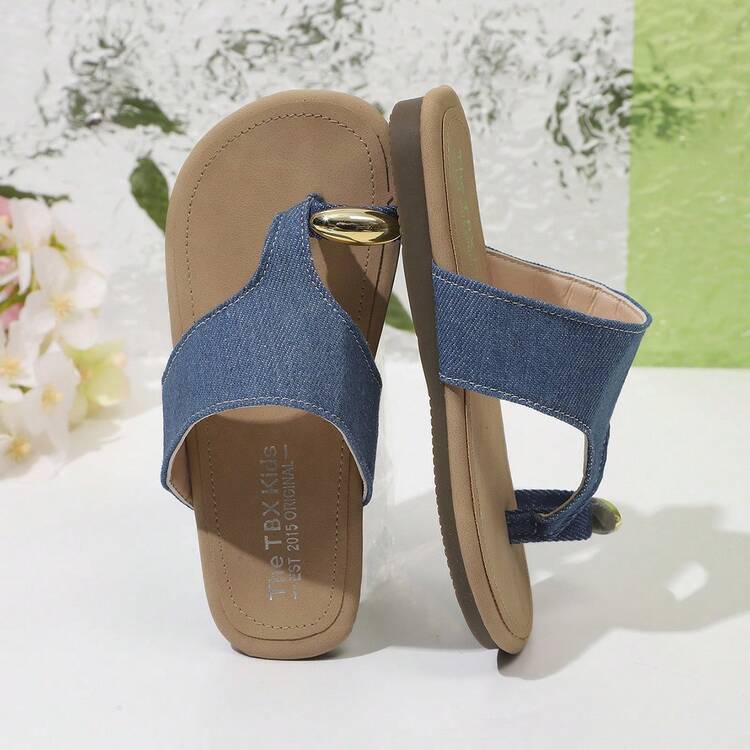 Sandal Kasual Musim Panas Model Korea untuk Anak Perempuan, Model Slip-On dengan Tali Pergelangan Kaki dan Ujung Terbuka, Menampilkan Desain Sederhana untuk Pakaian Pantai, Mewujudkan Gaya Santai. - Biru - View 6