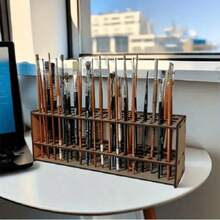 1 Large Capacity Wooden Paint Brush And Makeup Brush Storage Rack - Detachable Design Desktop/Wall-Mounted Storage Organizer, Khaki Polished Surface, Suitable For Art Studio, Beauty Salon And Home Organization - Space-Saving Brush Organizer - A - View 4