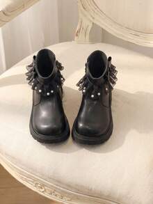 1 Pair 2026 New Girls' Mesh Pearl Ankle Boots, Bow Side Zipper Thick Sole Design, Sweet Fairy Princess Style, Suitable For Autumn/Winter Outings And Dress Matching - Black - View 8