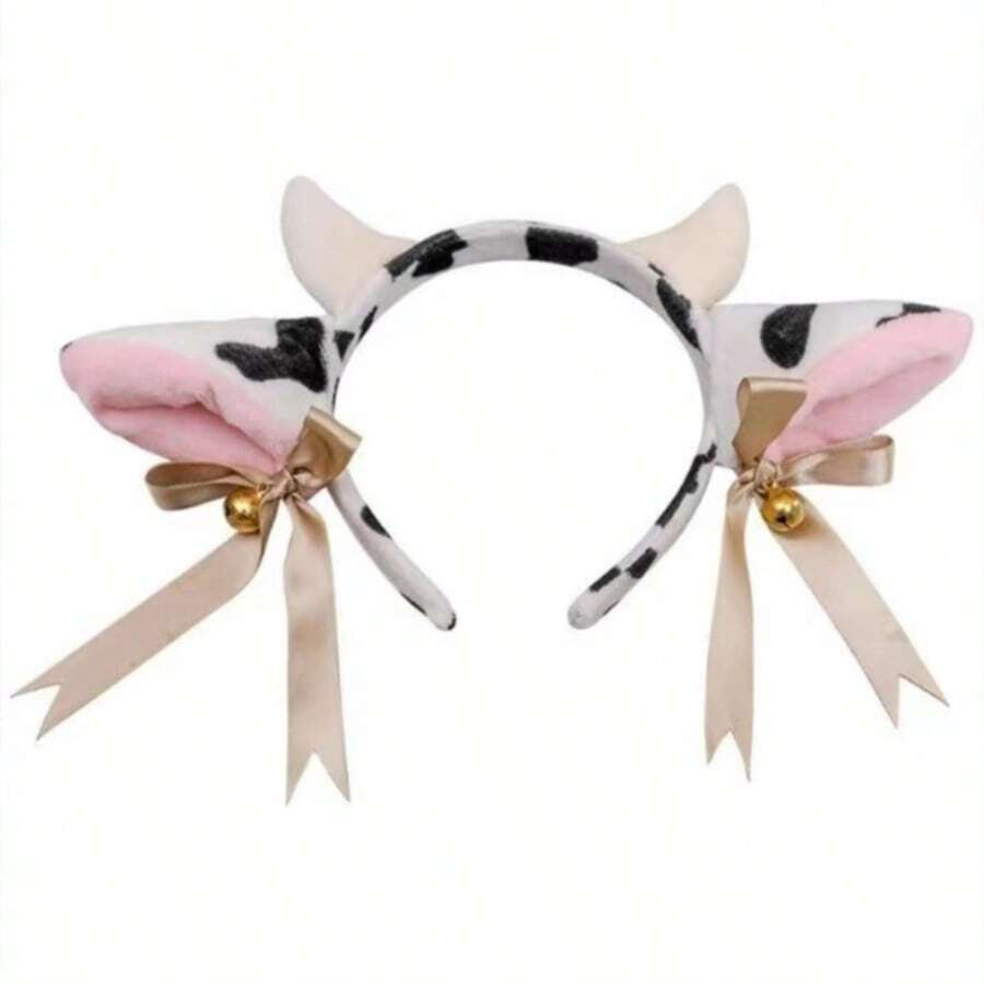 Plush Cow Ear Headband With Bell And Bow Ribbon, Anime Lolita Style Animal Party Cosplay Costume Accessory - Black and White - View 1