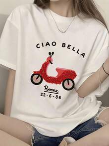 Kaos Wanita Kasual Longgar Leher Bulat Lengan Pendek Motif Huruf & Mobil, Serbaguna untuk Musim Semi/Panas, Warna Putih - Putih - View 3