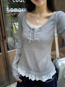 Women's 2-In-1 Lace Patchwork Long Sleeve T-Shirt, Slim Fit, Flattering, Layering Top, Early Autumn - Grey - View 2