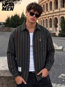 Men's Fashion Striped Shirt Casual Long Sleeve Top Streetwear Commute Outfit Spring Autumn - Dark Green - View 1
