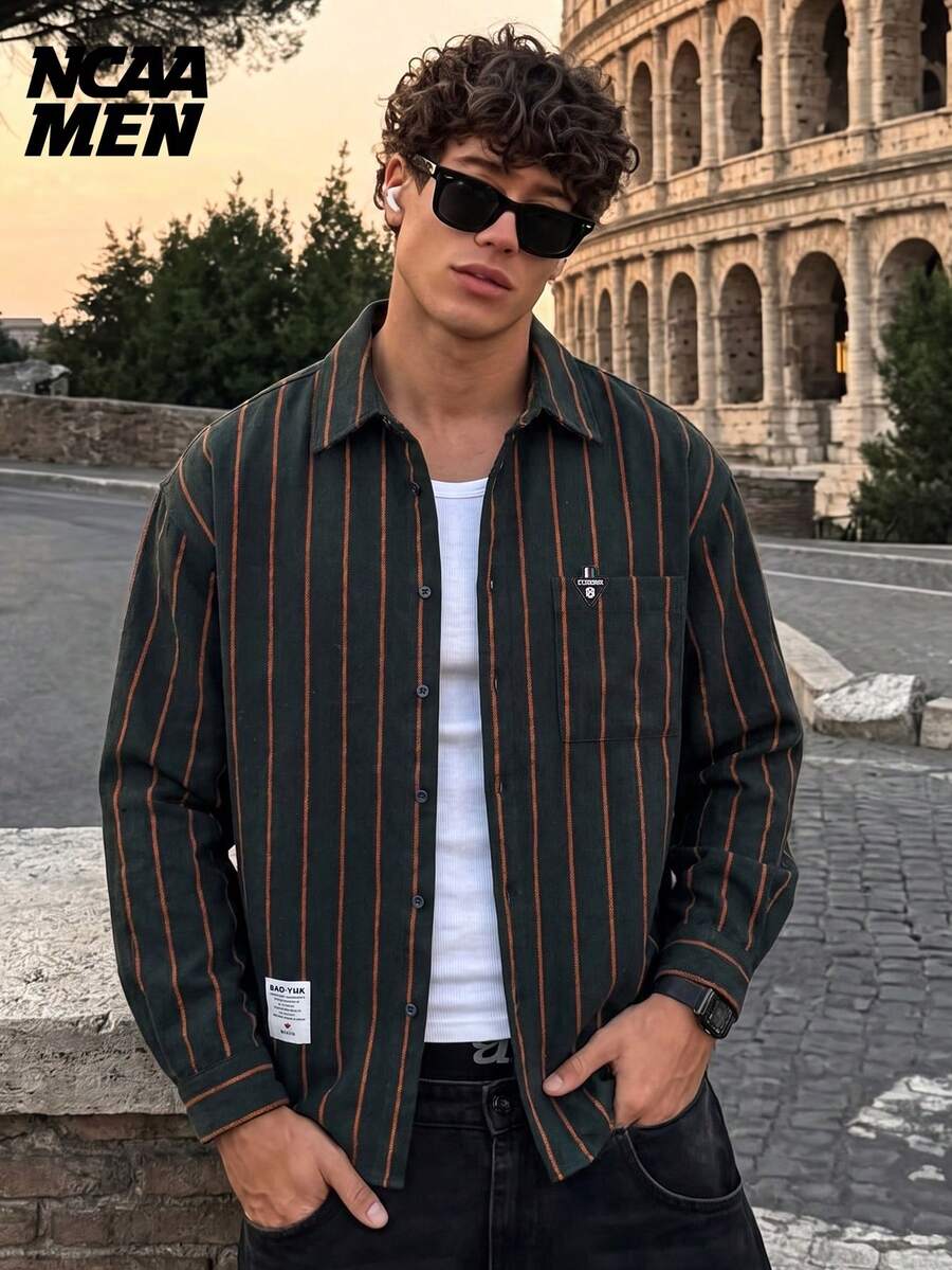 Men's Fashion Striped Shirt Casual Long Sleeve Top Streetwear Commute Outfit Spring Autumn - Dark Green - View 1